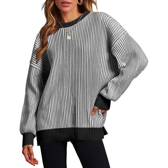 Women's Long Sleeve Ribbed Knit Pullover Black White Casual Sweaters Top - Picture 1 of 5